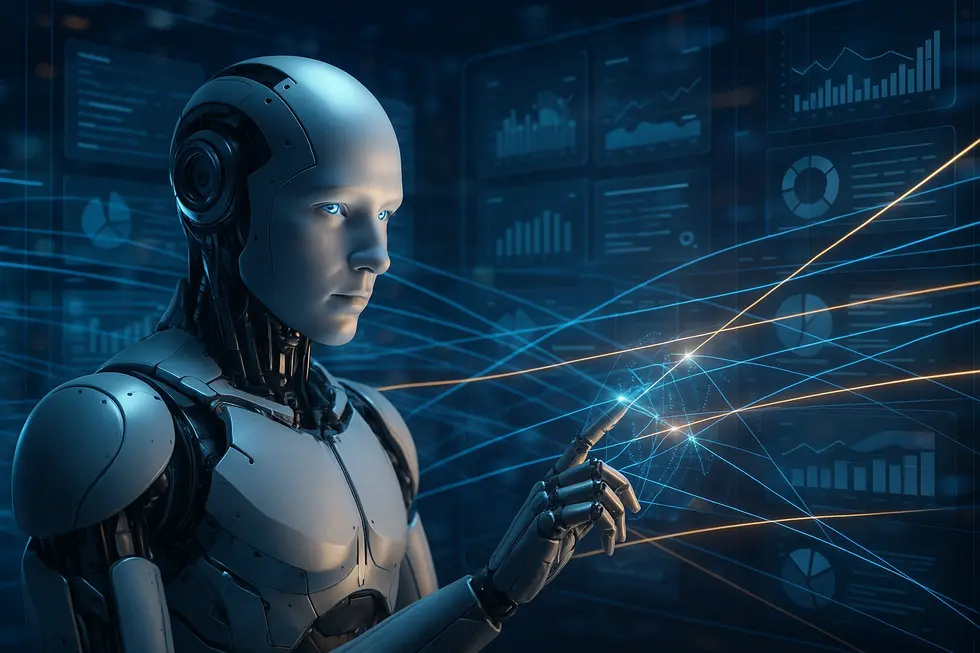 Depiction of AI integrating multi-source data for effective Retrieval-Augmented Generation.