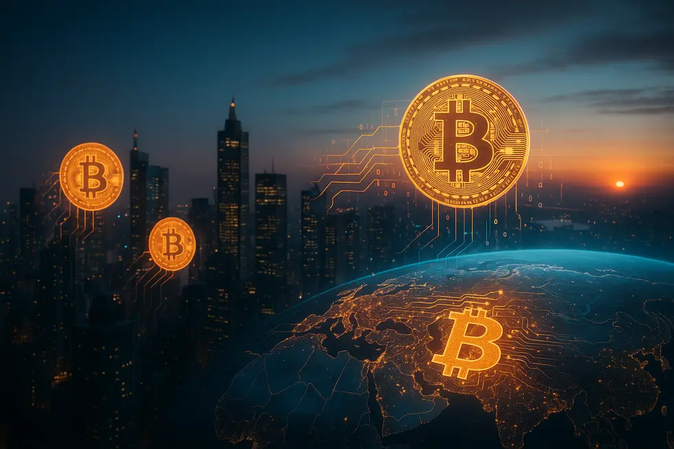 Futuristic depiction of the financial market landscape influenced by Bitcoin.