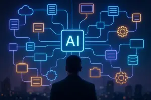 A digital landscape with AI nodes, reflecting Google Opal's integration of business and technology.