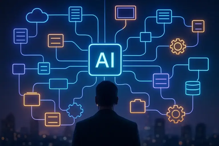A digital landscape with AI nodes, reflecting Google Opal's integration of business and technology.