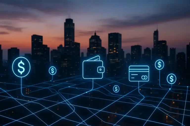 Futuristic cityscape with symbols of AI-driven financial transactions.